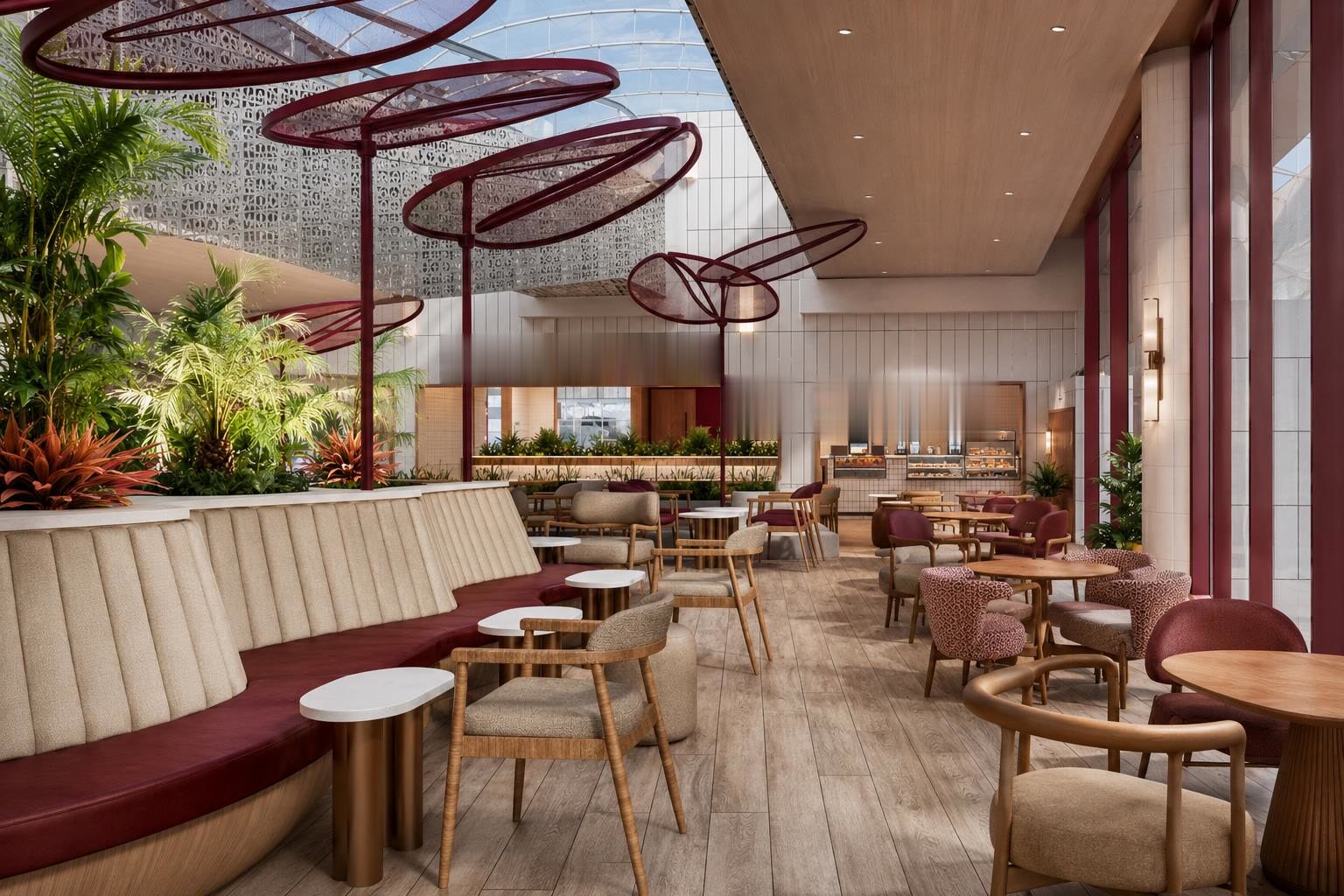 Visualisation of a completed cafe fit-out with bespoke joinery, banquette seating and customer areas