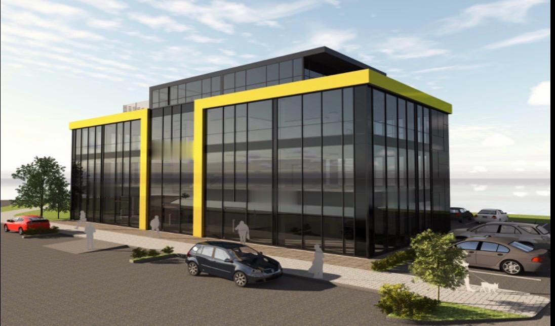 Visualisation of the new Goldex headquarters, showing contemporary office accommodation above ground-floor retail