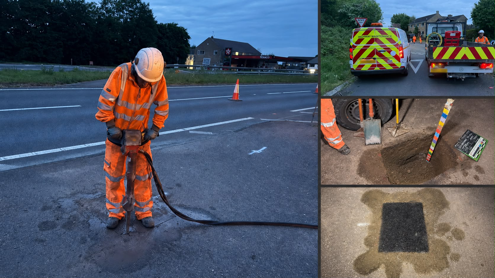 Breaking out existing carriageway construction, trial holes and reinstatement within a live operational road environment